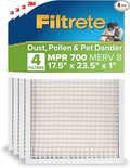 Filtrete 17.5x23.5x1 AC Furnace Air Filter, MPR 700, MERV 8, Tough on Pollen, Easy on Airflow, 3-Month Pleated 1-Inch Electrostatic Air Cleaning Filter, 4-Pack (Actual Size 17.19 x 23.19 x 0.81 in)