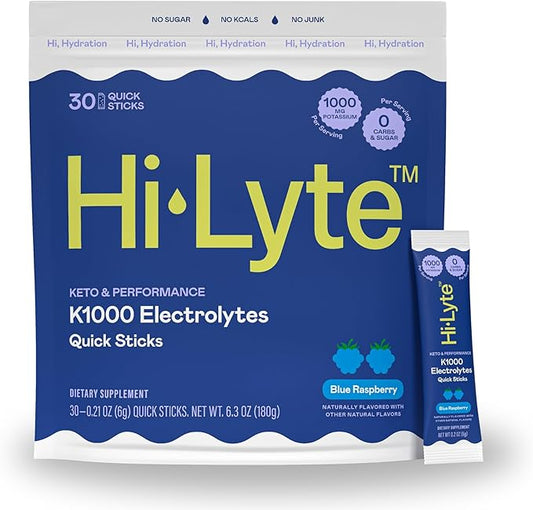 Hi-Lyte Keto & Performance - K1000 Electrolyte Quick Sticks - Blue Raspberry - 1000mg Potassium, Magnesium, Calcium - Single-Serve Packets for Keto Hydration Support - No Sugar, No Carbs-FlexoryFit