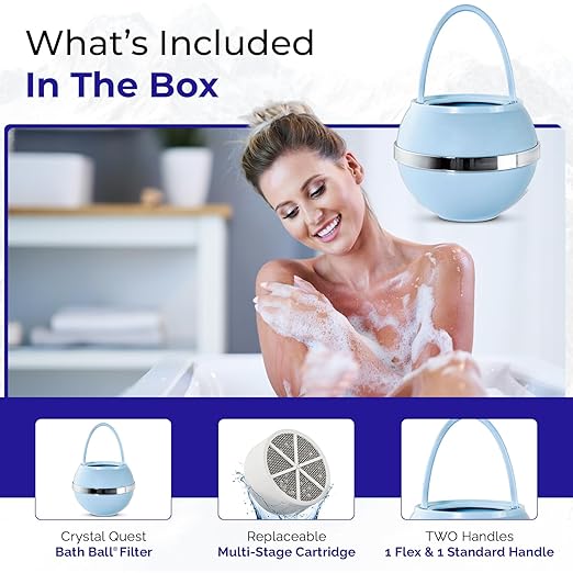 Crystal Quest Bath Ball Water Filter for Bathtub - 3-Stage Filtration, Removes Chlorine, Chloramine & Byproducts, 2,500 Gallons, BPA Free, pH Balanced Water, Fits Most Tubs, Easy Install - Blue