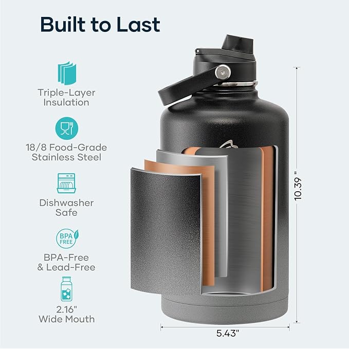 Insulated Water Bottle with Straw Lid, Modern Double Vacuum Stainless Steel Water Flask, Simple Half Gallon Water Jug, Metal Thermo Canteen Mug,87oz Sports Bottle-FlexoryFit