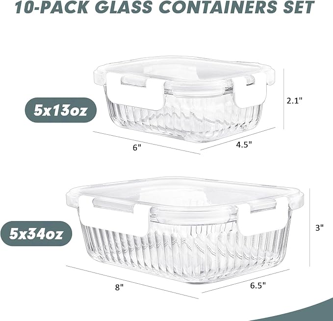 10 Packs Glass Food Storage Containers Set, Glass Meal Prep Containers with Lids, Airtight Lunch Containers, Microwave, Oven, Freezer and Dishwasher Safe, White-FlexoryFit