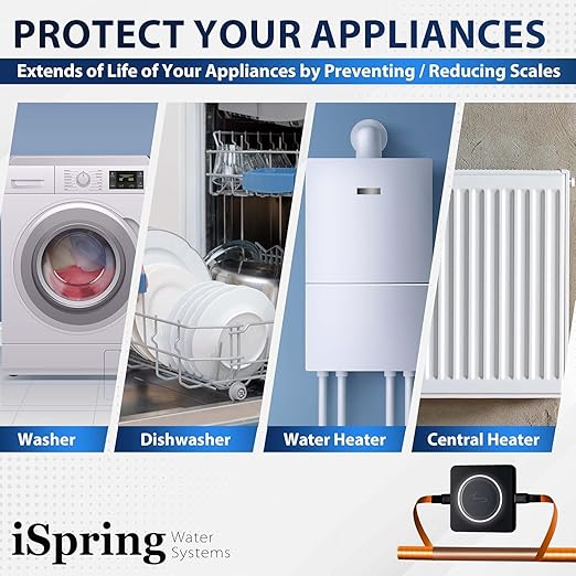 iSpring ED2000S Whole House Descaler, Alternative Electronic Salt-Free Hard Water Conditioner, Breathing LED Light Design with Magnet, Prevent Rust and Scale Build-up, Black