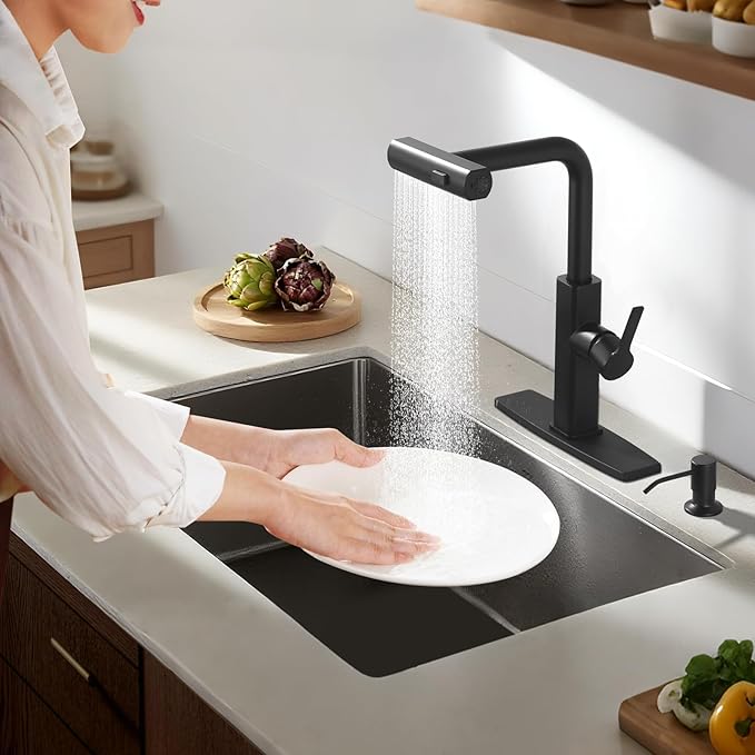 Kitchen Faucet with Pull Down Sprayer: ALEASHA Waterfall Kitchen Sink Faucet with Soap Dispenser, 3 Modes 360° Swivel Single Handle Tap for RV/Bar, Matte Black Single Hole Brass Pull Out Modern Tap
