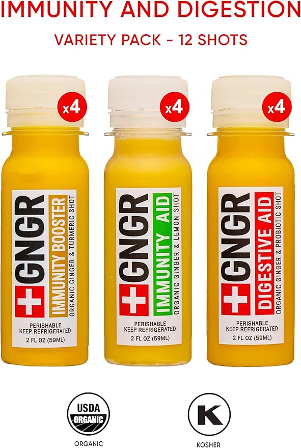 '+GNGR Immunity Sampler Organic Ginger Wellness Shots - Premium Ginger Shots for All Natural Digestive Support and Immune Support - Cold Pressed Ginger Juice - Nothing Artificial (2 Oz, Pack of 12)-FlexoryFit