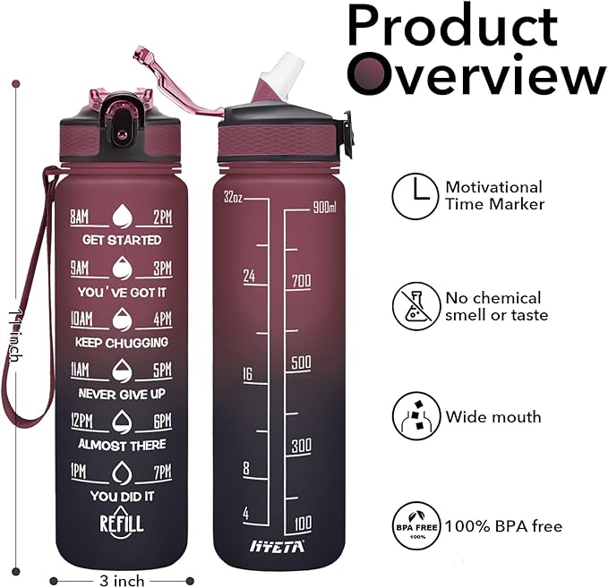 Hyeta 32 oz Water Bottles with Times to Drink and Straw, Motivational Water Bottle with Time Marker, Leakproof, Drinking Sports Water Bottle for Fitness, Gym and Outdoor-FlexoryFit