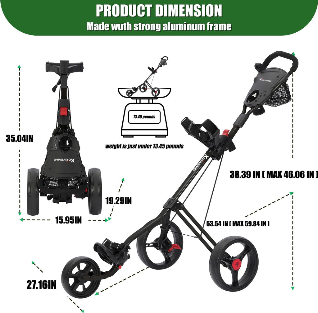 GC27 3 Wheel Golf Trolley, Golf Trolleys Folding Lightweight Golf Bag Pull Cart,Golf Cart for Golf Clubs and Golf Bag with Cup Holder Scorecard Holder/Storage Compartment