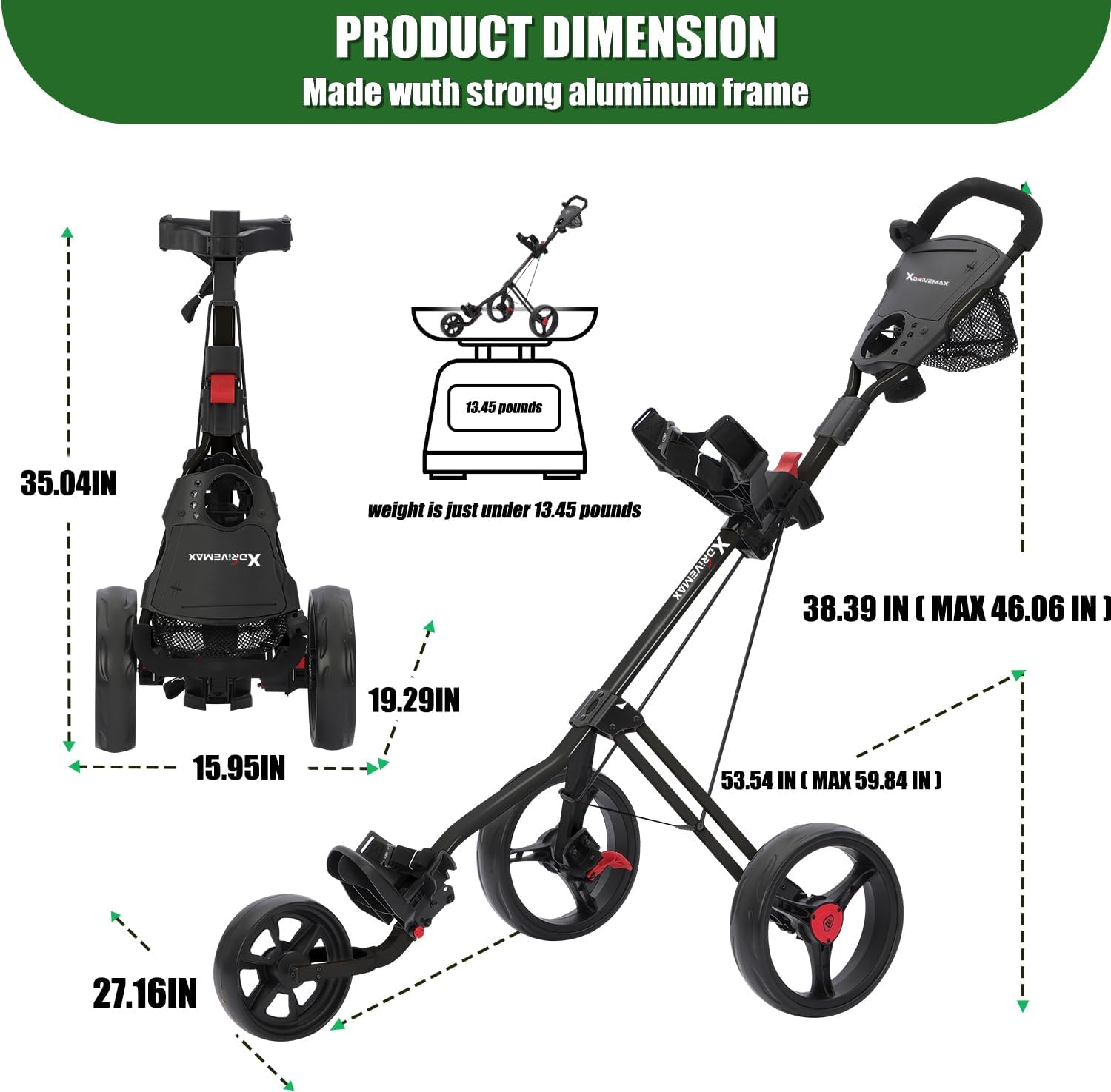 GC27 3 Wheel Golf Trolley, Golf Trolleys Folding Lightweight Golf Bag Pull Cart,Golf Cart for Golf Clubs and Golf Bag with Cup Holder Scorecard Holder/Storage Compartment