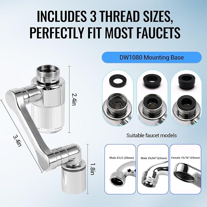 1080° Swivel Faucet-Extender Sink-Aerator - 2 Mode Splash Water Filter Extension, Kitchen Bathroom 360° Rotatable Spray Attachment, Multifunctional Universal Robotic Arm -Wash Hand/Hair/Face (Silver)