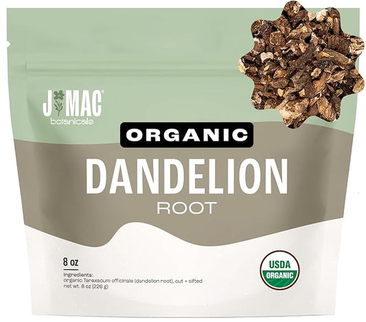 J Mac Botanicals Organic Dandelion Root (8 oz) unroasted, herb for tea and other infusions, Packaged in the USA, Certified USDA Organic-FlexoryFit