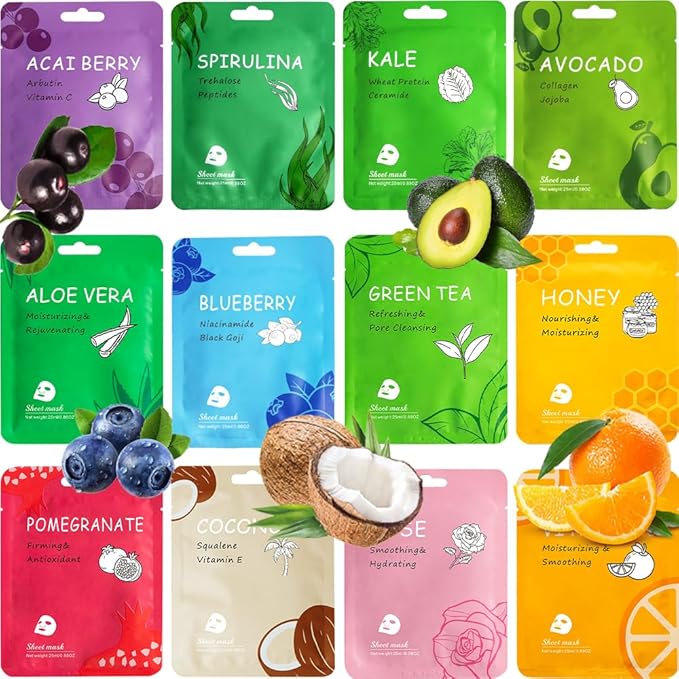 12 Pack Collagen Face Masks Skincare Bulk,Hydrating Spa Face Mask for Sensitive Skin,Sheet Mask for Skin Care, Facial Mask Sets Gifts for Women/Teen Girls/Kids-FlexoryFit