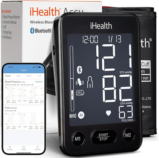 iHealth Accu Blood Pressure Monitor – 4.5" Large LCD, Clinically Accurate, Irregular Heartbeat Alert, Body & Cuff Detection, Bluetooth Sync, Adjustable Large 8.6"–17" Cuff– Easy for Seniors & Adults-FlexoryFit