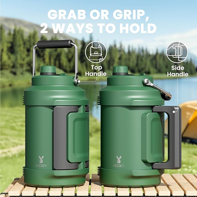 1 Gallon Insulated Water Bottle for Hiking: Meoky 128 oz Triple Wall Vacuum Stainless Steel Metal Water Jug - Top and Side Handles, Cold for 48 Hrs, 2-in-1 Straw and Spout Lid, Leakproof for Gym (Fir)-FlexoryFit