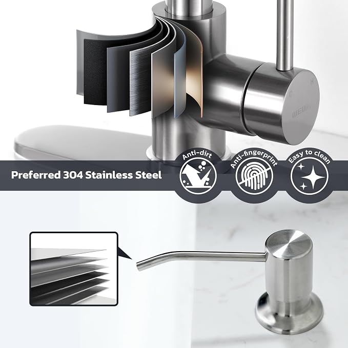 WEWE Kitchen Sink Faucet with Soap Dispenser, Kitchen Faucet with Pull Down - Image 4