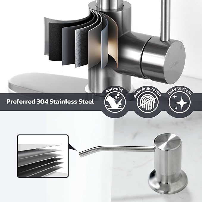 WEWE Kitchen Sink Faucet with Soap Dispenser, Kitchen Faucet with Pull Down Sprayer Stainless Steel Single Handle High Arc Pull Out Brushed Nickel Faucet for Bar Laundry RV Utility Sink