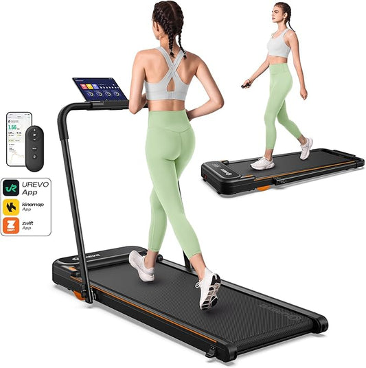 UREVO Strol 2E Smart 2-in-1 Folding Treadmill, Compact Walking Pad with Safety Handle, Plug and Play, Dual LED Display, Workout APP, Walking or Running for Home Office, Remote Included-FlexoryFit