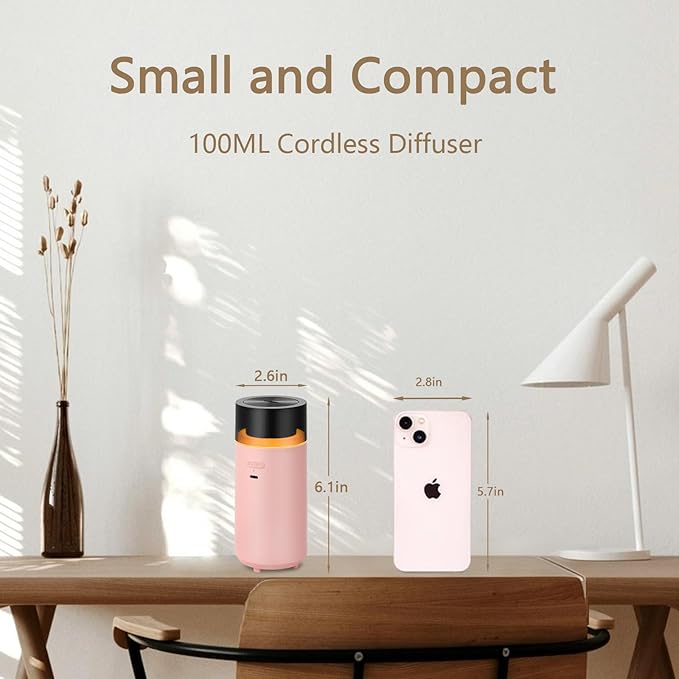 Portable Diffuser for Essential Oil,Cordless Cool Mist Aromatherapy Car Diffuser,Built-in 3000mAH Rechargeable Battery,4/8 Timer Modes, Auto On/Off with Car,for Home,Office,Travel(Pink)