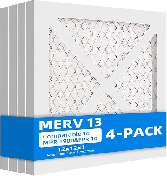 (4 Pack) 12x12x1 Furnace Air Filters, MPR 1900 & FPR 10, MERV 13 Pleated Air Filter (Actual Size: 11.75"x11.75"x0.75")
