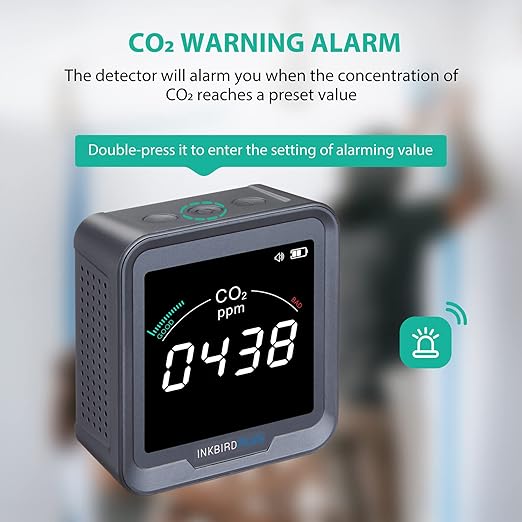 INKBIRDPLUS Indoor CO2 Detector, Air Quality Monitor, Tester for Carbon Dioxide, Temperature and Relative Humidity, Indoor CO2 Monitor with Alarm, for Grow Tents, Wine Cellars, Homes, Cars(PTH-9C)