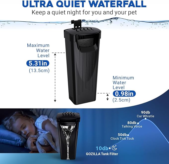 GOZILLA Turtle Tank Filter 74GPH, Low Water Level Turtle Tank 3.5W Fish Tank Aquarium Filters for Small Tanks up to 15 Gallons Include 4 Replacement Cartridges.(Black)