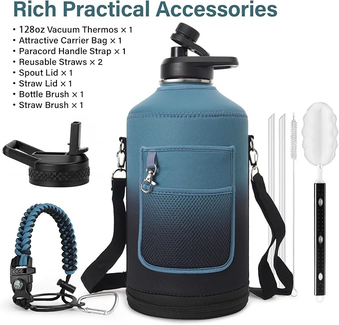 1 Gallon Water Bottle Insulated | Thickened Stainless Steel Vacuum Metal Water Jug | Portable Sports Large for Gym and Hiking with Straw, Carrier Bag, Handle Strap | BPA-Free 128 oz-FlexoryFit