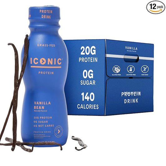 Iconic Protein Drinks, Vanilla Bean (12 Pack) - Sugar Free & Low Carb - 20g Grass Fed Protein - Lactose Free, Gluten Free, Non-GMO, Kosher - Keto Friendly Protein Shakes-FlexoryFit