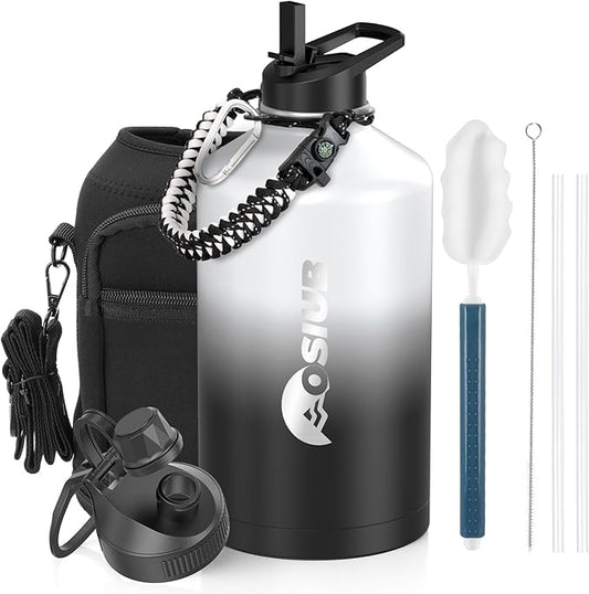 Insulated Water Bottle 128 oz, Triple Wall Vacuum Stainless Steel(Cold for 48 Hrs),Leak Proof & BPA-Free,One Gallon Water Bottle with Reflective Paracord & Flip Straw for Sports & Travel, DarkGray-FlexoryFit