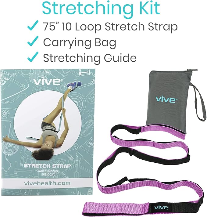 Vive Stretch Strap (75" - 10 Loops) - Leg Stretch Band to Improve Flexibility - Stretching Out Yoga Strap - Exercise and Physical Therapy Belt for Rehab, Pilates and Gymnastics with Guide Book-FlexoryFit