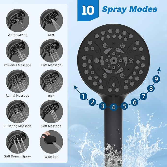 Hibbent Upgraded All Metal 10"Rainfall Showerhead Combo, High Pressure Shower Head with 10-Spray Mode Handheld, Innovative 4-way Diverter with Pause Mode, 71'' Shower Hose and Handheld Holder, Black