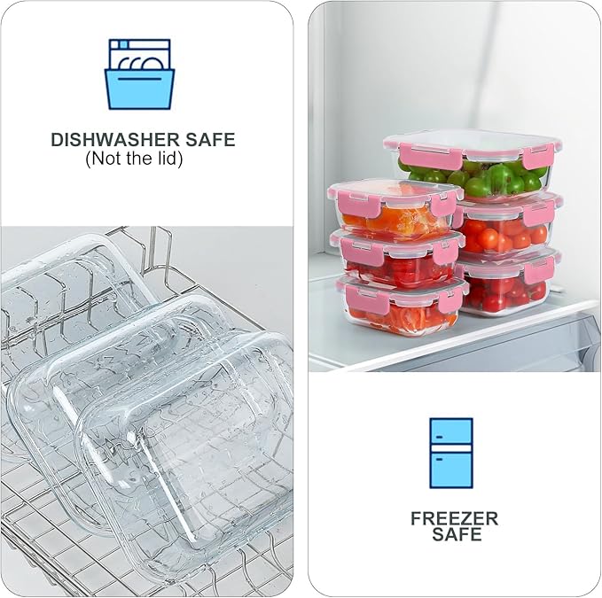 10 Pack Glass Food Storage Containers, Meal Prep Containers with Lids, Airtight Glass Lunch Boxes, Freezer, Oven, and Microwave Safe, Pink-FlexoryFit