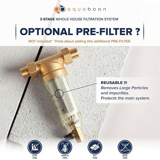 Aquaboon Whole House 3-Stage Water Filter System with 20x4.5 Anti-Scale, KDF, Carbon Filters, Pressure Gauges & Release, Wrench, Iron Bracket