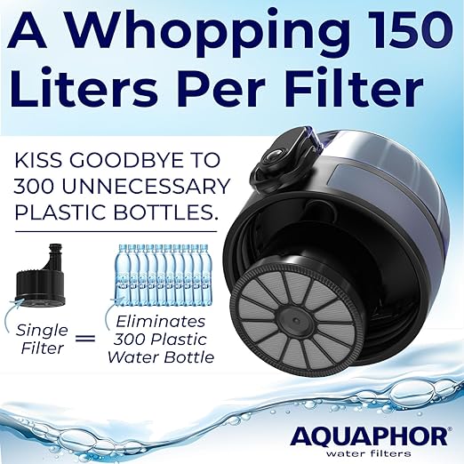 Nakii Filtered Water Bottle, Leakproof, BPA-Free, Motivational Markings, Travel, Everyday Use. 40-Gallon Filter, Replaces 300 Plastic Water Bottles. Includes 1 Filter, 34 FL Oz, Grey by Aquaphor