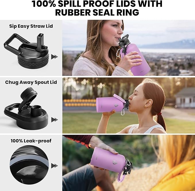 Insulated Water Bottle 64 oz, Triple Wall Vacuum Stainless Steel (Cold for 48 Hrs), Leak Proof & Non-BPA, Half Gallon Water Flask Jug with Paracord Handle & Straw Spout Lids, Lilac-FlexoryFit