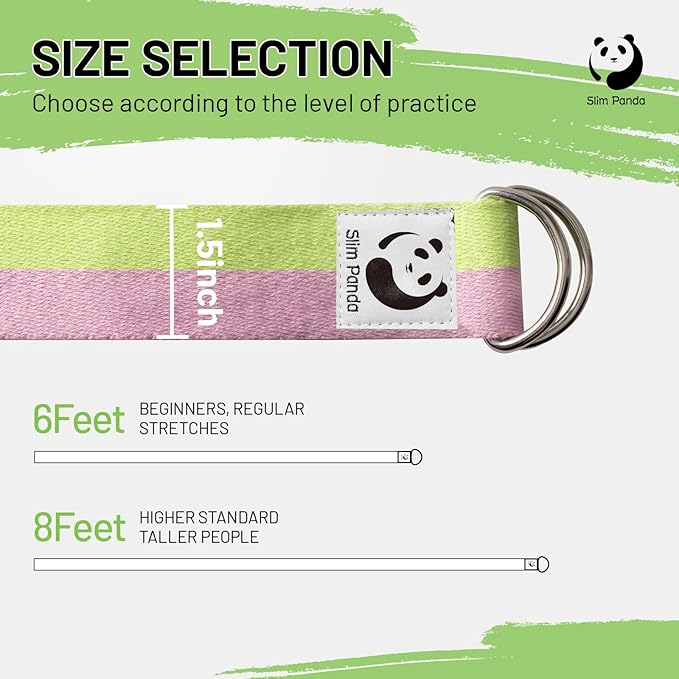 Slim Panda Yoga Strap for Stretching,Cotton Yoga Strap with Adjustable D-Ring Buckle,Non-Elastic Yoga Belt for Pilates,Gym Workouts,Physical Therapy,Improve Flexibility-FlexoryFit