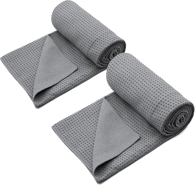 Eunzel 2 Pack Yoga Towel,Hot Yoga Mat Towel with Grip Dots Sweat Absorbent Non-Slip for Hot Yoga, Pilates and Workout 24" x72，Dark Grey (2 Pack)-FlexoryFit