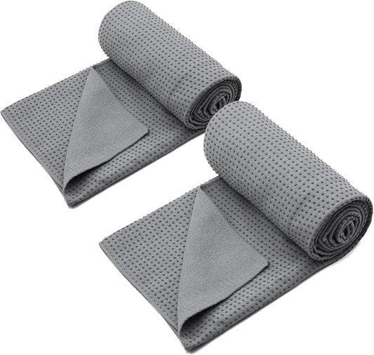 Eunzel 2 Pack Yoga Towel,Hot Yoga Mat Towel with Grip Dots Sweat Absorbent Non-Slip for Hot Yoga, Pilates and Workout 24" x72，Dark Grey (2 Pack)-FlexoryFit