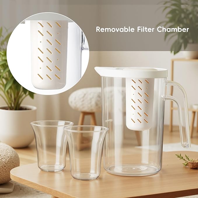 Plastic Pitcher With Lid and 4 Cups, 62oz, Clear Water Pitcher with Lid, Fridge Jug, BPA Free, Great for Iced Tea, Sangria, Lemonade, Juice, Milk, and More