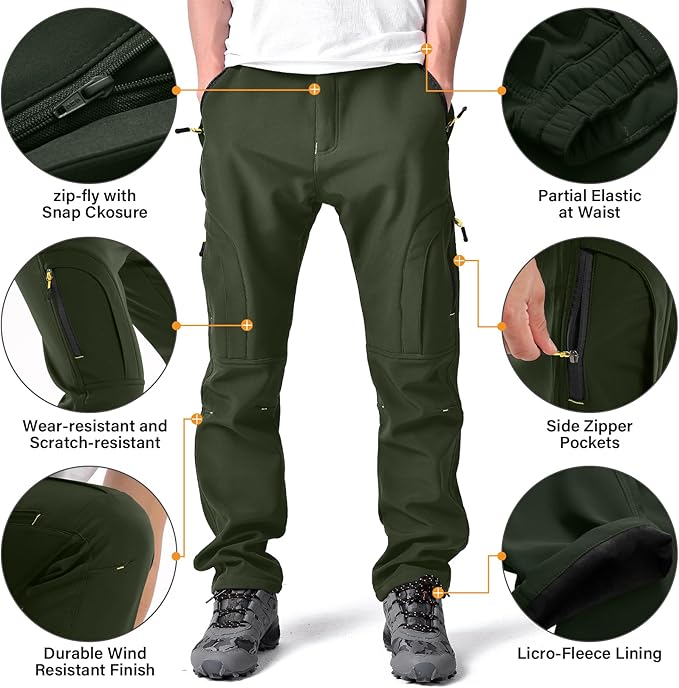 Toomett Men's hiking Snow Pants Skiing Winter Insulated Fleece lined Outdoor Water Repellent camping,walking,fishing-FlexoryFit