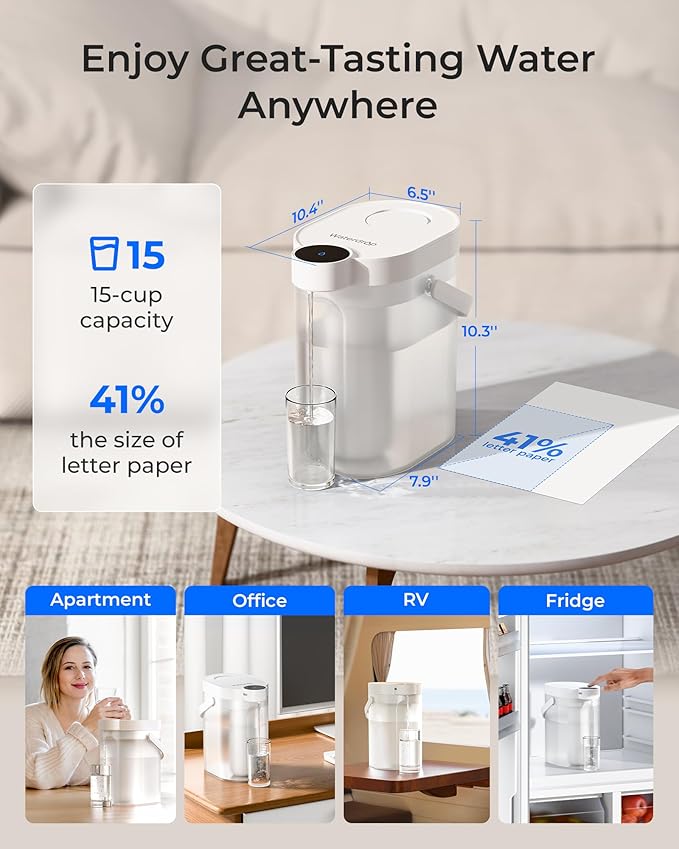 Waterdrop Rechargeable Water Filter Dispenser, 5-Stage Long-Life Instant Electric Powerful Pitcher, Reduce 70+ Contaminants, Soften Water, 15-Cup Countertop Water Filtration System, NOT Reduce TDS