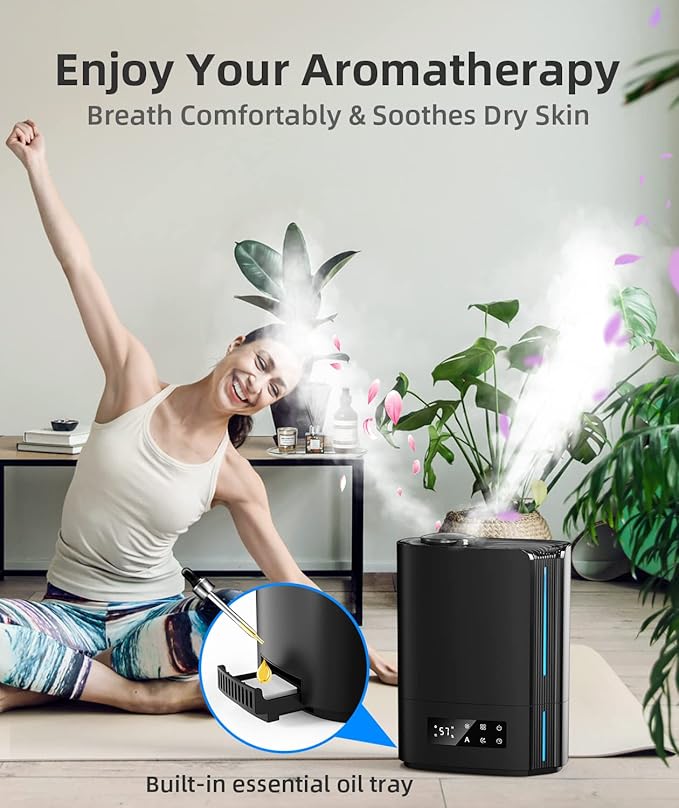 BREEZOME 6L Humidifiers for Bedroom Large Room & Essential Oil Diffuser, Ultrasonic Top Fill Cool Mist Humidifiers for Baby, Plants, Nursery Last up to 60 Hours, Smart Humidistat Control, Quiet, Black