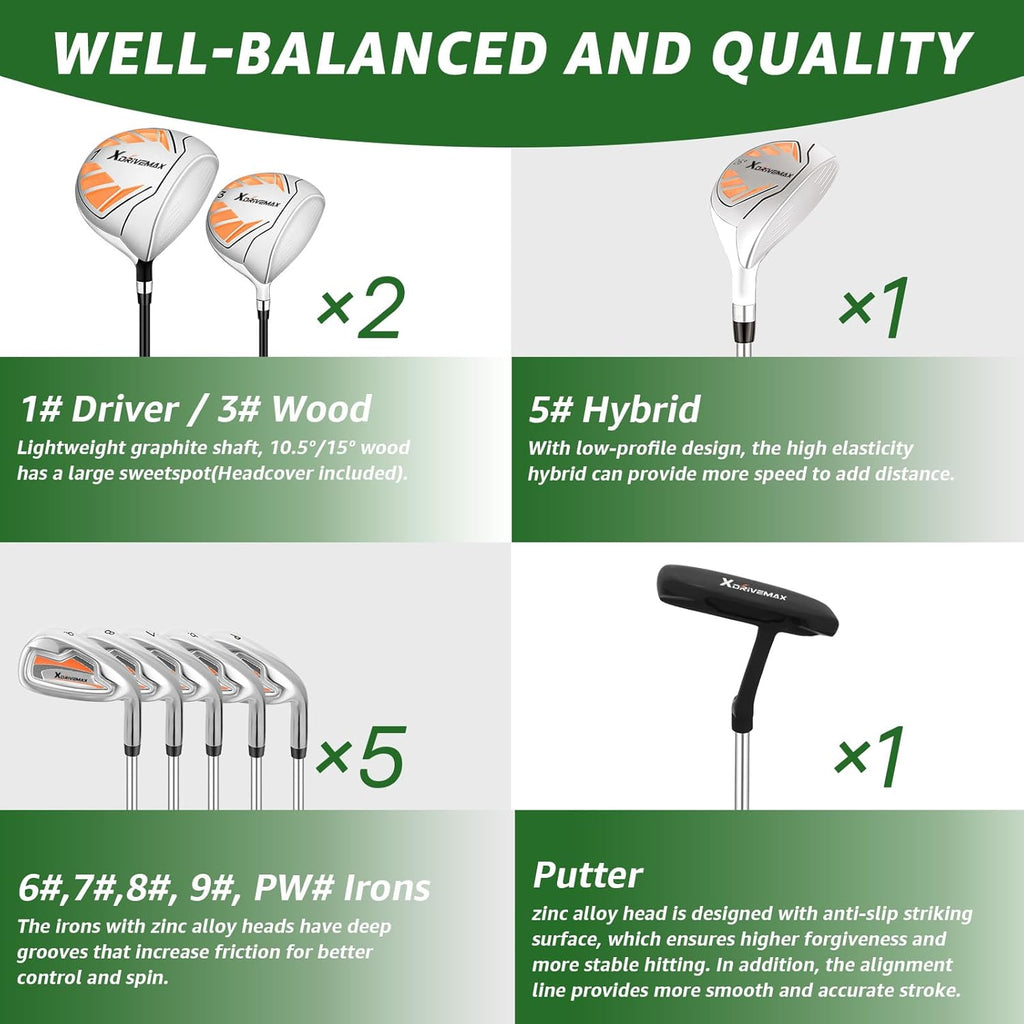10 Pieces Complete Mens Womens Golf Clubs Set Right Hand for Men Women Includes Stand Bag with Rain Hood, 1#Driver 3#Wood #5 Hybrid,with 3 Head Covers, 6# 7# 8# 9# PW# Irons and Putter