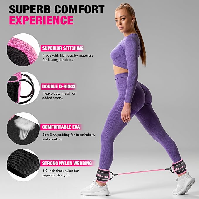 Ankle Resistance Bands with Cuffs, Ankle Bands for Working Out, Ankle Resistance Band for Leg, Booty Workout Equipment for Kickbacks Hip Fitness Training, Exercise Bands for Butt Lift Women-FlexoryFit