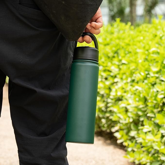 18 oz Insulated Water Bottle Stainless Steel Sport Bottles with 3 Lids,Army Green-FlexoryFit
