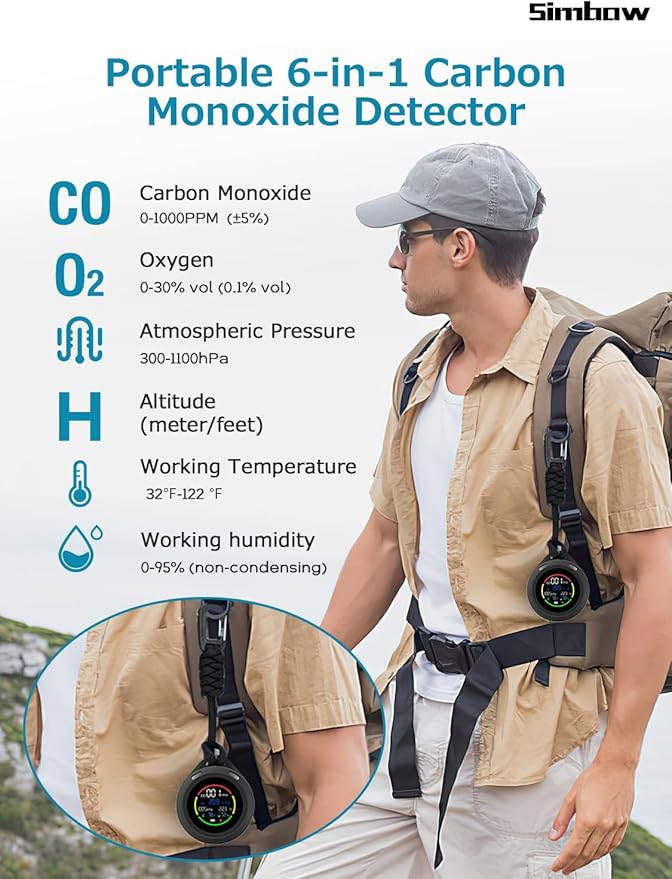 CF-5R Portable Carbon Monoxide Detectors, 6-in-1 CO Detector, Air Quality Monitor with Altimeter, Barometer, Temperature, Humidity Monitor for Hiking, Campimg and Outdoor Activitists