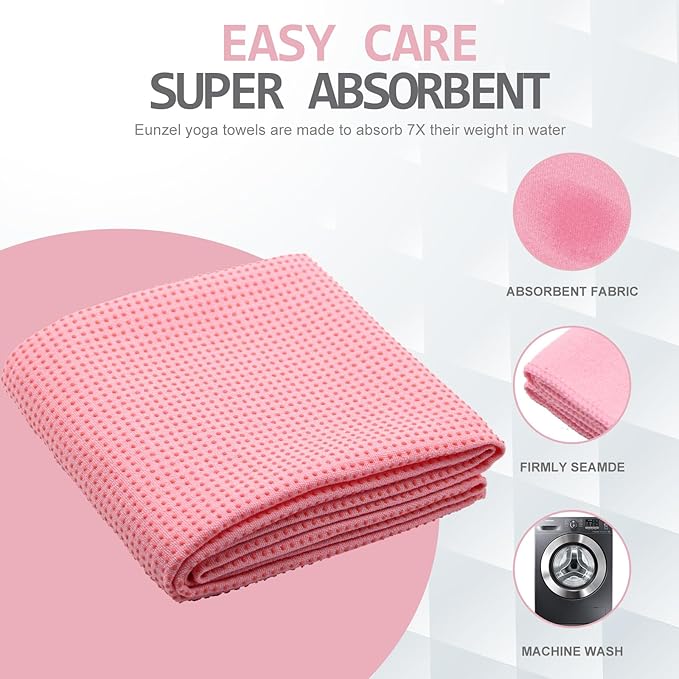 Eunzel Yoga Towel,Hot Yoga Mat Towel with Grip Dots Sweat Absorbent Non-Slip for Hot Yoga, Pilates and Workout 24" x72", Pink-FlexoryFit