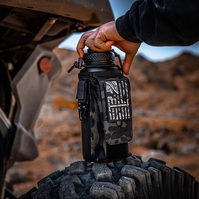 Iron Infidel Battle Bottle - 32 Oz Insulated Water Bottle with Straw Lid & Chug Cap, Stainless Steel Metal Tactical Flask With Rugged, Removable Sleeve for Keys & Phone or Wallet (Black Camo 1 Liter)-FlexoryFit