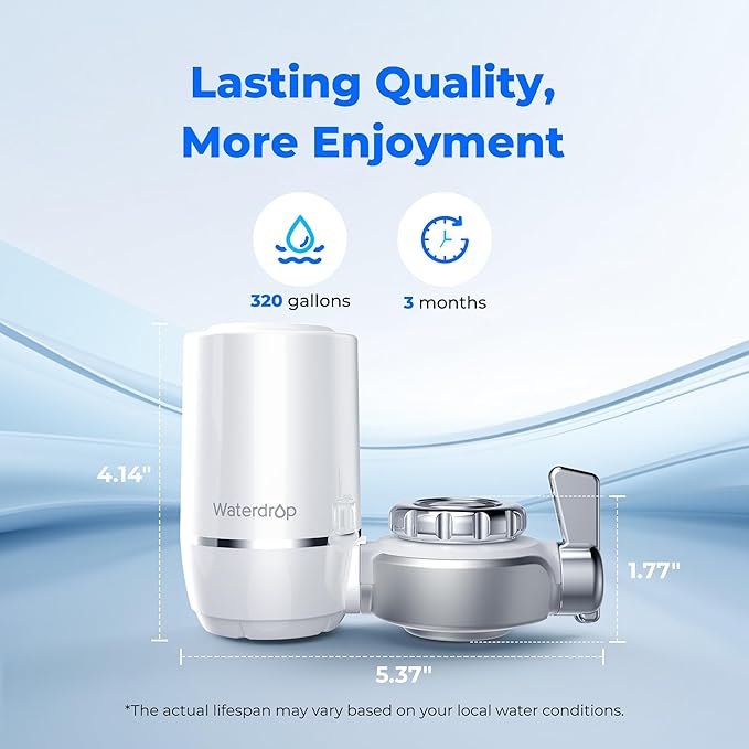 Waterdrop Water Filter for Sink Faucet, NSF Certified Water Purifier, 320 Gallon Tap Water Filter for Kitchen Sink, Reduces Chlorine, Lead-Free Material, Faucet Mount Water Filtration System, 1 Filter