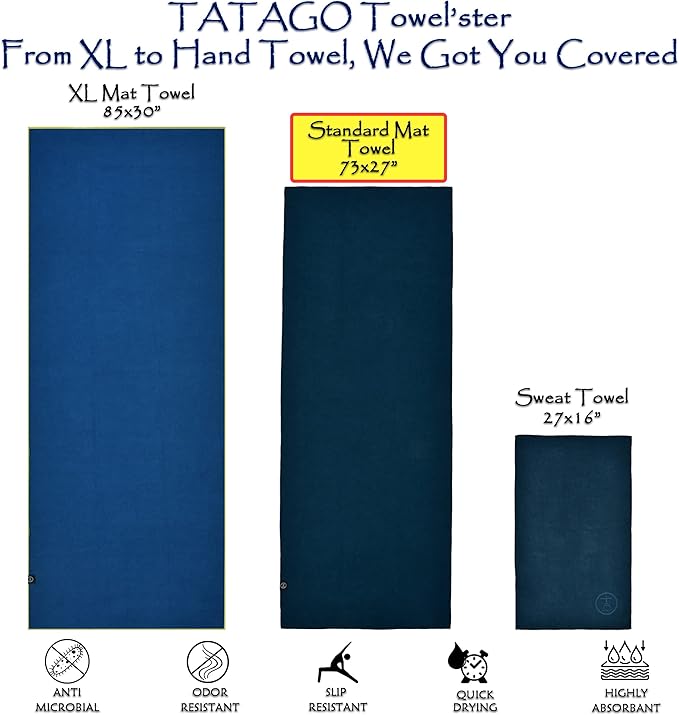 Tatago Hot Yoga Towel Non Slip Grip in 2 Sizes. Premium Yoga Towels for Hot Yoga Non Slip, Hot Pilates Mat Towel or Yoga Mat Towel Thicker, Softer, More Absorbant & Durable!-FlexoryFit
