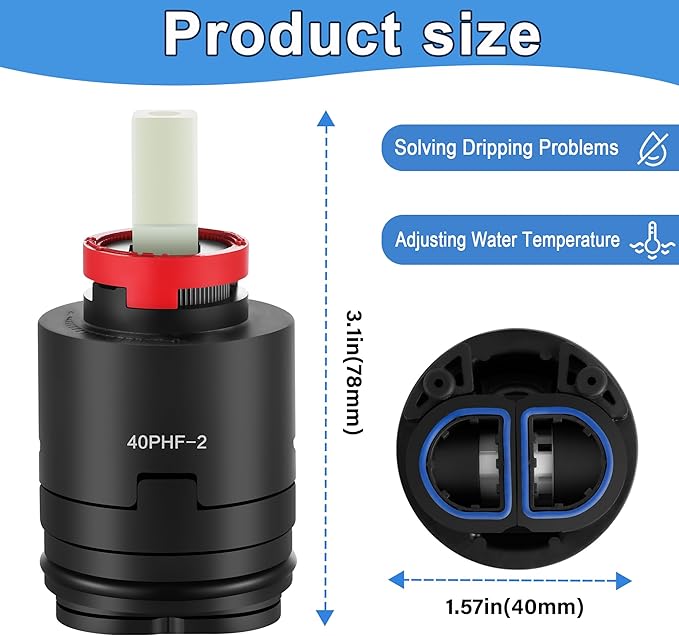40PHF-2 40mm Pressure Balance Cartridge, Shower Cartridge Replacement, Faucet Cartridge Replacement for Tub/Shower Faucet Valve (with Distributor) Height 3.1 in (79 mm) Width 1.57 in (40 mm)