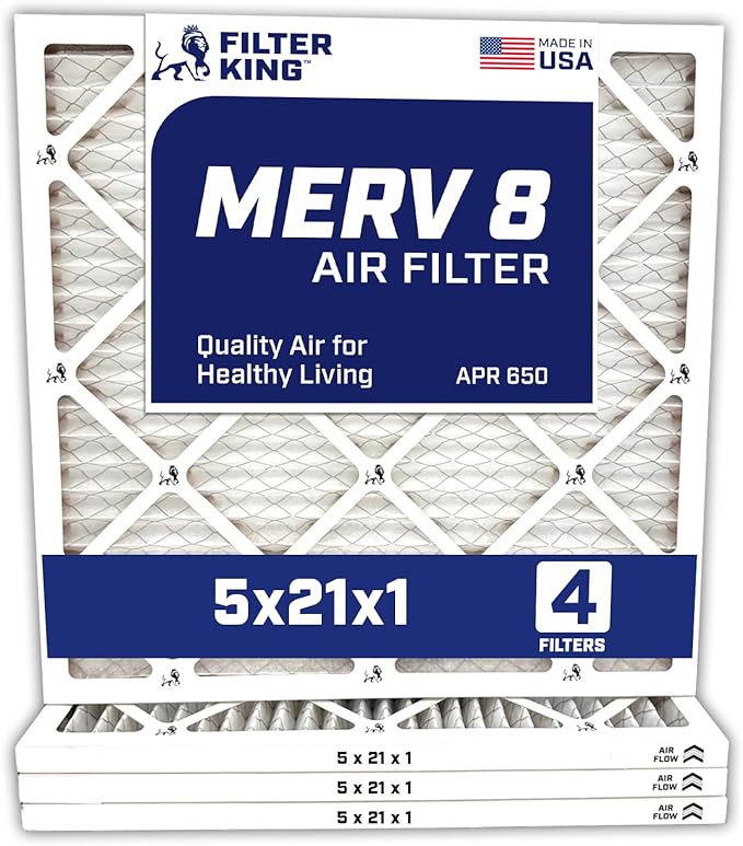 Filter King 5x21x1 Air Filter | 4-PACK | MERV 8 HVAC Pleated A/C Furnace Filters | MADE IN USA | Actual Size: 5 x 21 x .75"