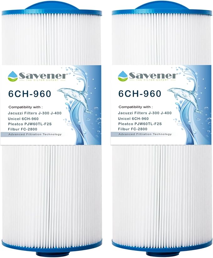 Spa Filter 6CH-960 Replaces Jacuzzi Filters J-300 J-400,Unicel 6CH-960, PJW60TL-F2S,Filbur FC-2800,6540-476, 6540-383,Hot Tub Filter with Closed Handle(Not be Removed)- 2 Pack
